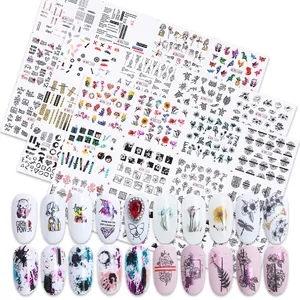 Abstract Black White Line Art Nail Stickers Flower Animal Pattern Water Transfer Decals For Women Artistic Manicure Decor