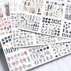 Artistic black and white line nail stickers with abstract floral and leopard patterns