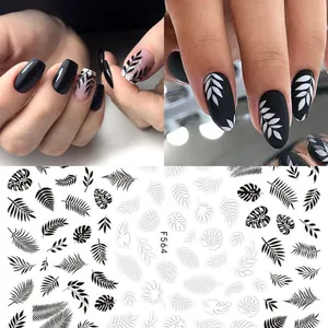 Französische Nagelaufkleber F564 mit schwarz-weißen Blatt- und floralen Spitzenmustern