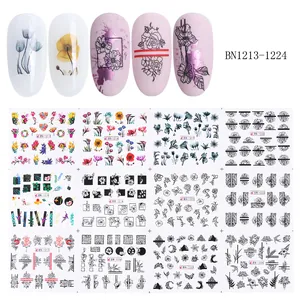 Detail view of 12-sheet set of floral and abstract line art nail water sliders decals