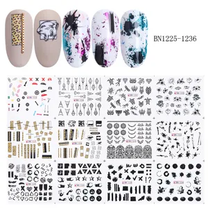 Detail showing 12 sheets of black line art nail stickers with animal and floral patterns
