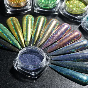 Macro view of blue holographic nail mirror powder and multi-color laser chrome samples
