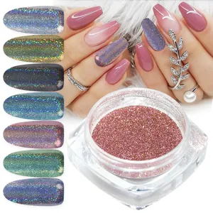 Macro view of holographic nail powder jars with multi-color laser effect swatches
