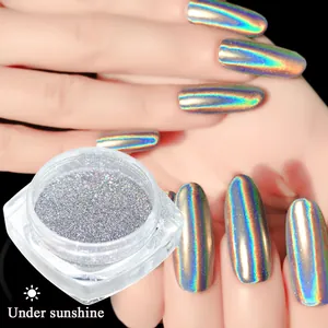 Holographic laser nail powder with rainbow silver shine in a clear plastic jar