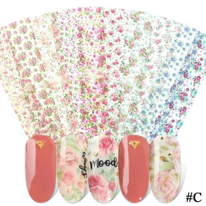 Láminas de transferencia para uñas con patrones florales coloridos y ejemplo de nail art