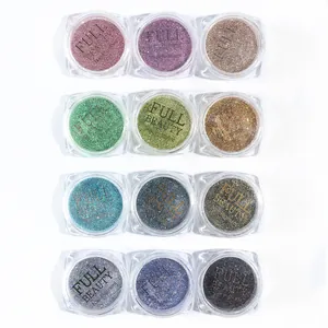 Flat lay of 12 colors nail pigment set with holographic glitter powders in square jars