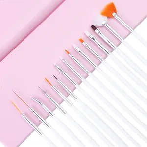 Detail view of 15-piece white professional nail art brush set with diverse bristles