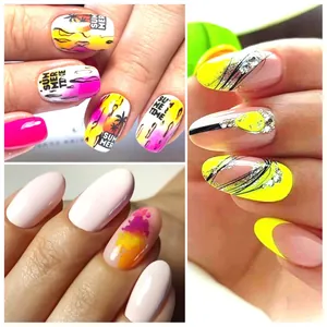 Detail von neongelbem Nailart mit silbernen Pinselstrichen und funkelnden Strass-Akzenten