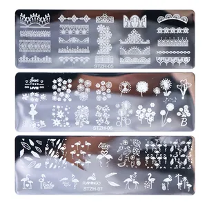 Three-piece stainless steel nail stamping plates with floral, lace, and flamingo patterns
