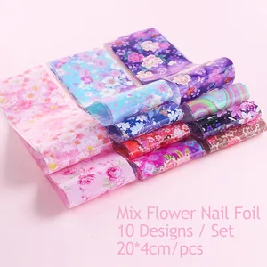 Set di 10 rotoli di fogli per nail art rosa con motivi a fiori e rose romantiche