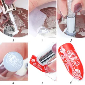 Six-step tutorial for nail art stamping with metal plate and silicone stamper