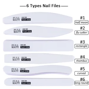 Lot de 6 limes à ongles professionnelles grain 100/180 en formes variées pour polissage