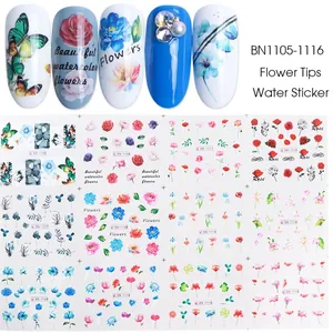 Waterproof nail water stickers with watercolor floral and butterfly designs, model BN1105-1116