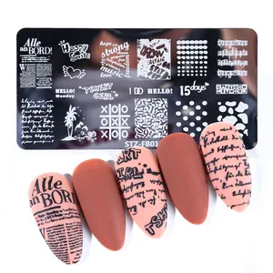 Macro shot of stainless steel nail stamping plate with text and abstract patterns