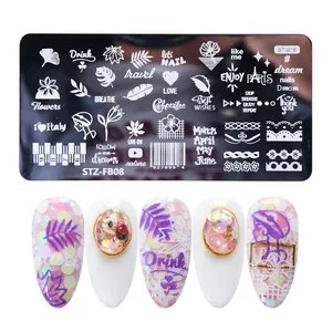 Detail view of STZ-FB08 nail stamping plate with nature leaf patterns and sample results