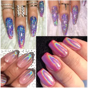 Macro shot of laser chameleon nail powder with vibrant holographic aurora shimmer