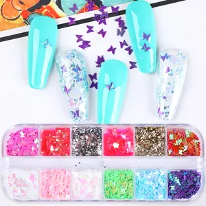 Set de lentejuelas de mariposa para uñas en 12 colores con caja y muestras de manicura