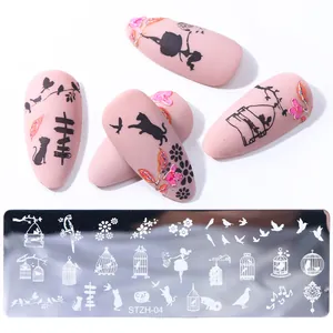 Detailed nail stamping plate with birdcage and cat designs for elegant floral manicure art