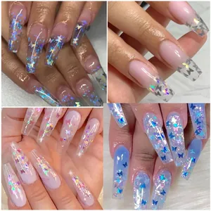 Faux ongles ballerine longs avec paillettes papillon laser irisées et reflets holographiques
