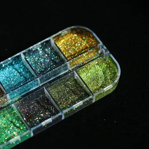 Macro shot of colorful iridescent chameleon nail art glitter powder set in clear cases