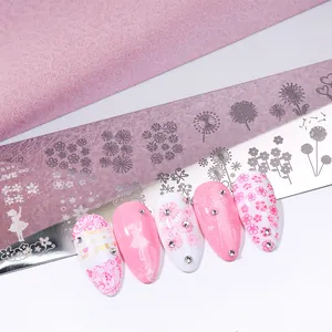 Macro detail of nail stamping plate with delicate flower and butterfly patterns
