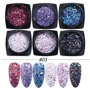 Vista macro del set de purpurina holográfica para uñas con seis tarros de colores
