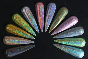 Holographic nail art glitter powder display on 12 stiletto nail tips in various colors