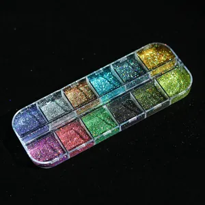 Macro shot of 12-color holographic laser nail glitter sequins in a transparent case