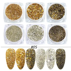Vista macro del set de purpurina para uñas de 6 colores con polvos y lentejuelas hexagonales