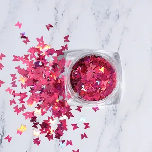 Vue rapprochée de paillettes papillon holographiques rose vif pour ongles en pot