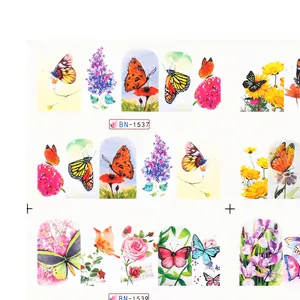 Détail des stickers pour ongles à transfert d'eau fleurs et papillons BN-1537 et BN-1539