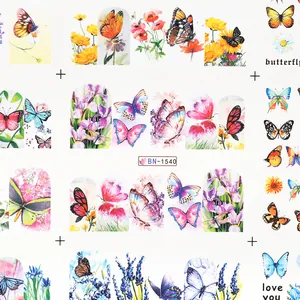 Autocollants d'ongles papillon et fleurs colorés BN-1540 sur fond blanc éclatant