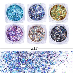 Detalle del set de purpurina para uñas camaleón 6 colores #12 con brillo láser metálico