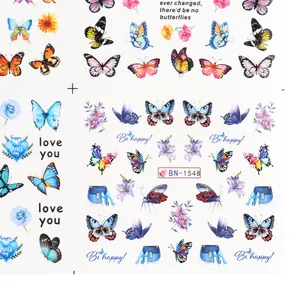 Autocollants nail art transfert d'eau motifs papillons et fleurs avec modèle BN-1548