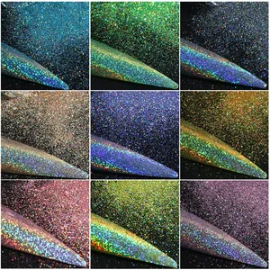 Macro display of 9-color holographic laser nail glitter showing fine iridescent powder effects