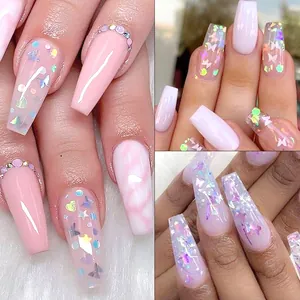 Uñas postizas ataúd rosas con purpurina láser de mariposa y pedrería brillante