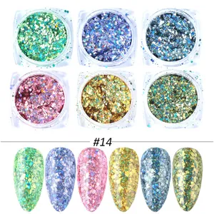 Detalle del set de 6 purpurinas holográficas #14 mostrando efectos metálicos brillantes