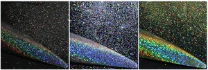 Three shades of laser holographic nail powder showing blue, silver, and gold chrome effects