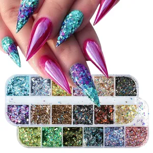 Macro view of 12-grid nail glitter set with colorful holographic sequins and powder
