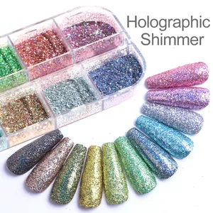 6-color holographic nail shimmer powder set with 12 gradient style display swatches
