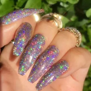 Rainbow holographic glitter coffin nails with laser shimmer effect for professional manicure