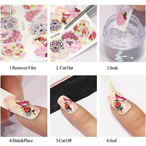 Six-step tutorial for applying floral nail water transfer decals with model WG2131