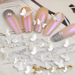 Abalorios de uñas de mariposa plateada mate con textura metálica y tamaños variados