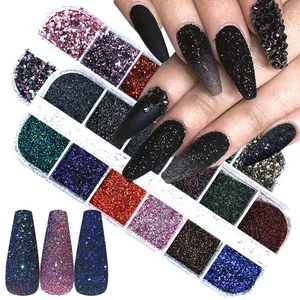 Detailed macro view of 12-grid nail glitter kit with dark laser sparkle and sugar powder