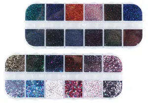 Close-up of 12-grid nail art glitter powder sets with fine laser sequins in various colors