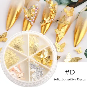 Lentejuelas de mariposa 3D metálicas para uñas en oro y plata en caja de 6 rejillas