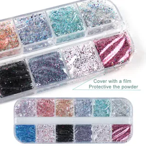 Macro shot of 12-grid nail glitter set with protective film showing multi-color laser flakes