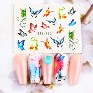 Detailed butterfly and floral nail water decals STZ-990 with rhinestone accents