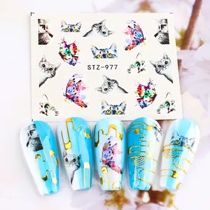 Water transfer nail stickers STZ-977 with watercolor butterfly and cat designs on blue tips