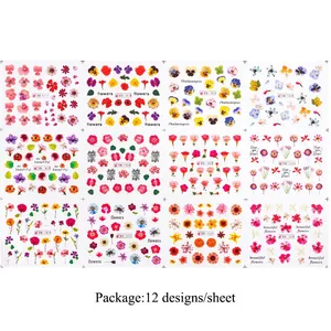 Floral nail water decals set featuring 12 vibrant botanical designs with flower patterns